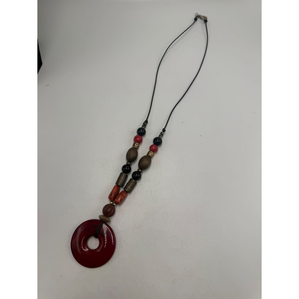 Boho Red Resin Donut‎ Pendant Necklace Wood & Brass Tone Beaded Cord Statement